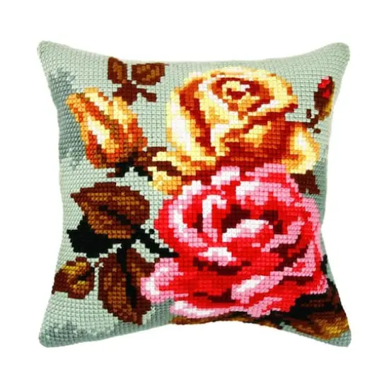 Orchidea Needlepoint Kit Cushion - Printed Canvas Roses On The Grey Background {1}