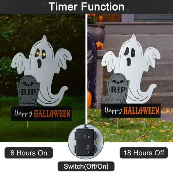 Glitzhome&reg; 32.25"H Lighted Halloween Metal Ghost Tombstone Yard Stake with Timer {8}