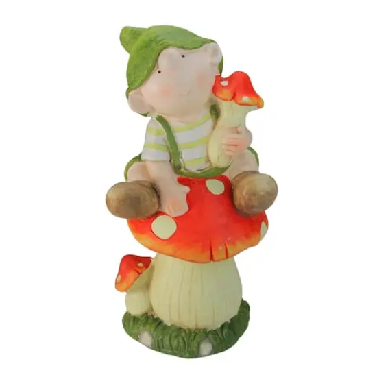 19.75" Young Boy Gnome Sitting on a Mushroom Spring Outdoor Garden Figure {1}