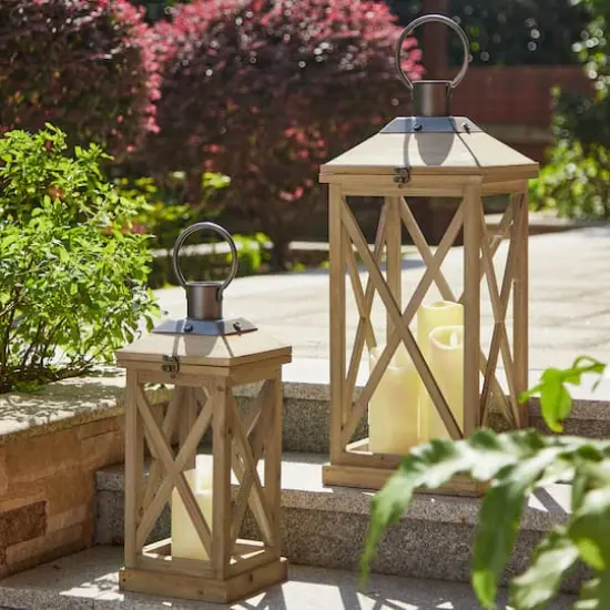 Glitzhome&reg; Brown Wooden Modern Farmhouse Lantern Set {5}