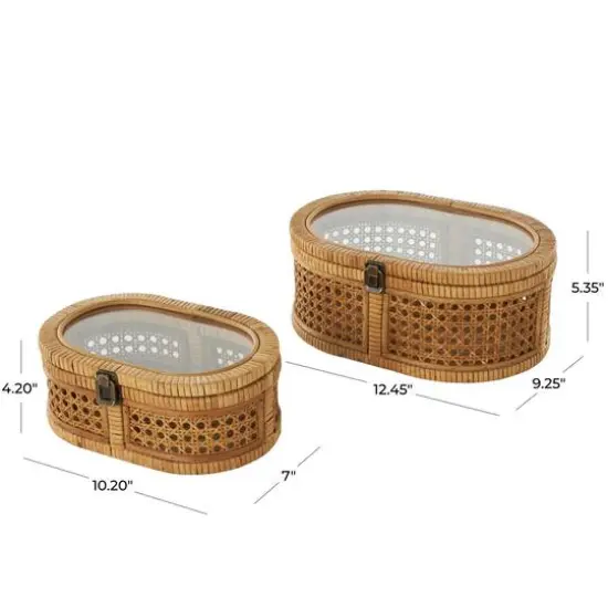 Brown Oval Rattan Storage Box Set with Pane Panels & Glass Tops {11}