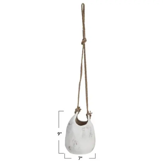 Hello Honey&reg; 9.5" White Distressed Volcano Finish Hanging Stoneware Planter with Jute Rope Hanger {7}