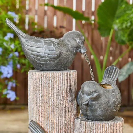 Glitzhome&reg; 30.75" 3-Tier Natural Faux Pebbles Textured Bird Basin Outdoor Fountain with LED Light {7}