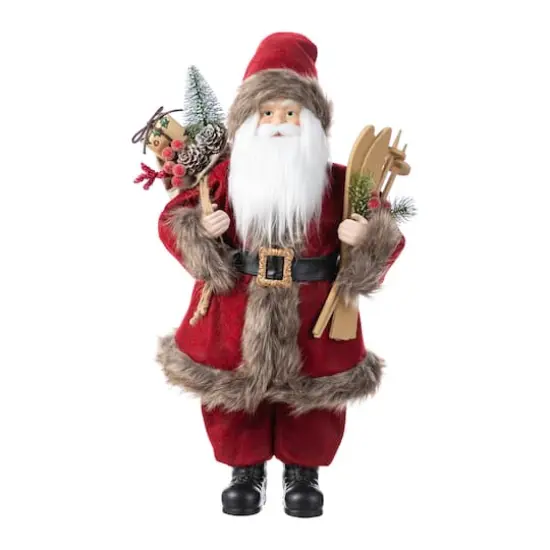 Glitzhome® 18"H Faux Fur Christmas Red Woodland Santa Figurine with Porcelain Face {1}