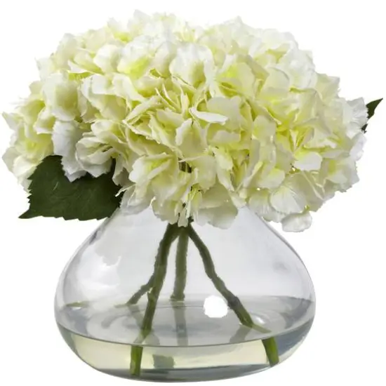 9" White Hydrangea Arrangement in Glass Vase {1}