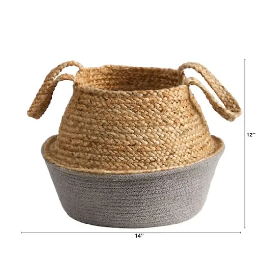 12" Boho Chic Handmade Cotton & Jute Gray Woven Basket Planter {5}