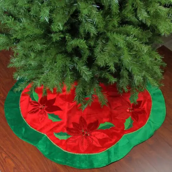 48" Red Sequined Poinsettia & Velveteen Trim Tree Skirt {7}