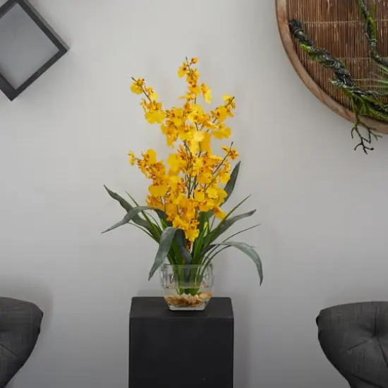 19" Yellow Dancing Lady Orchid Arrangement in Glass Vase {5}