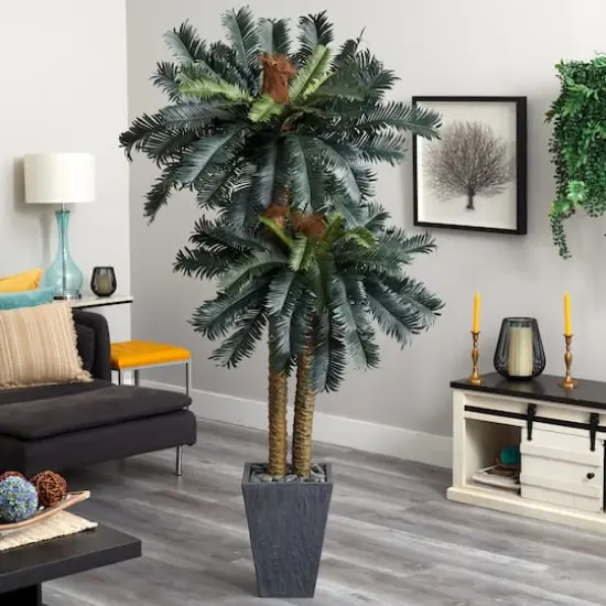 6ft. Double Sago Palm Artificial Tree in Slate Finished Planter {3}