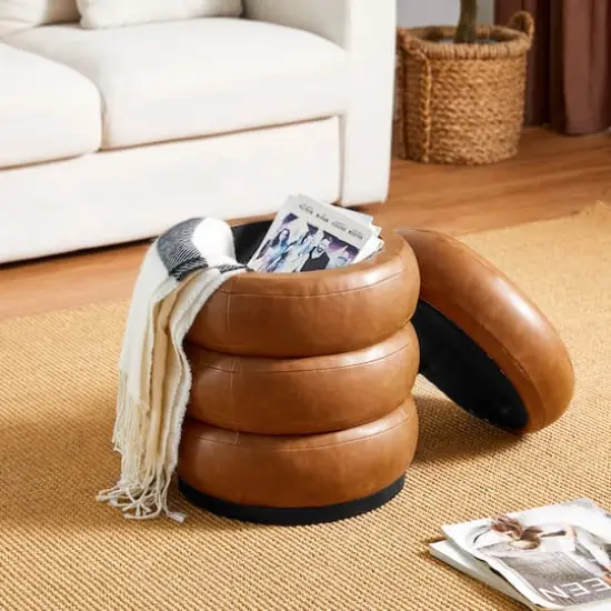 Glitzhome® 19.5" Coffee Brown Upholstered Storage Ottoman {5}