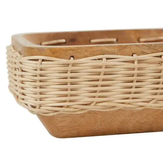 24.5" Brown Handmade Wooden Tray with Woven Seagrass Accent {7}