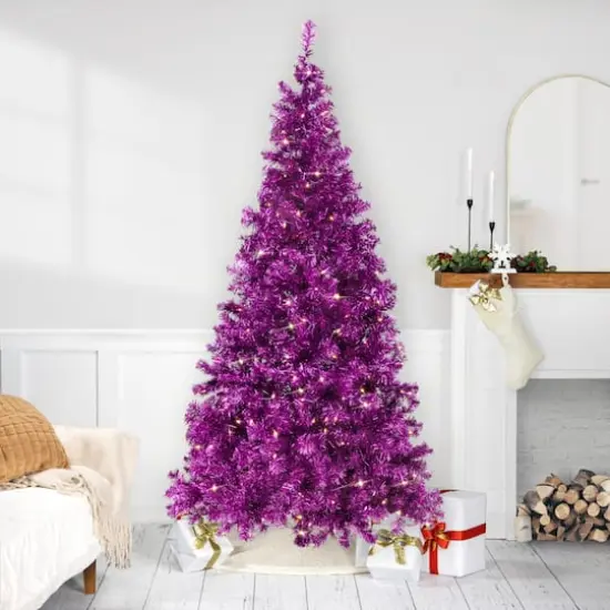 7ft. Pre-Lit Purple Artificial Tinsel Christmas Tree, Clear Lights {3}