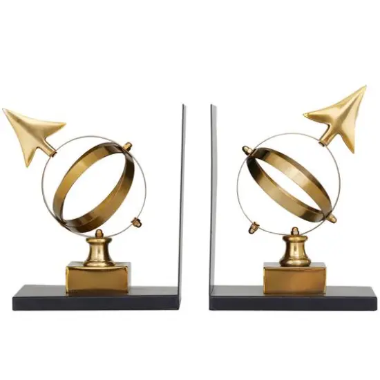 8" Gold Stainless Steel Armillary Bookends with Black Bases Set {1}