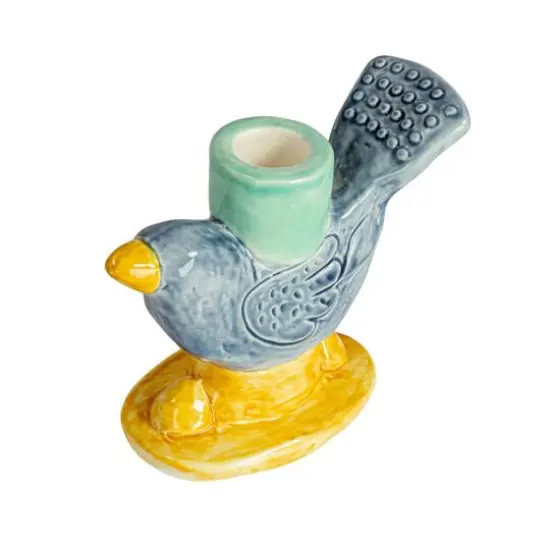 Hello Honey&reg; 6" Yellow & Blue Chirpy Elegance Stoneware Taper Candle Holder {1}