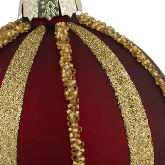 2ct. 4" Burgundy and Gold Striped Beaded Christmas Glass Ball Ornaments {5}