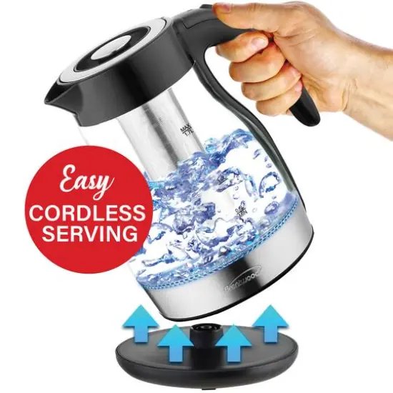 Brentwood 1.79qt. Black Cordless Glass Electric Kettle with Tea Infuser and Swivel Base {3}