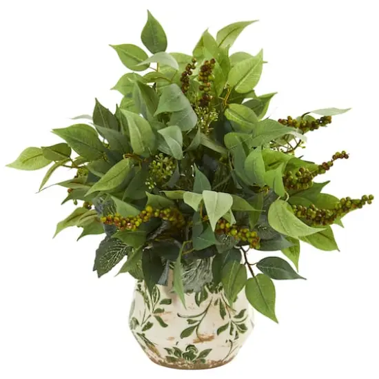 13" Mixed Ficus, Fittonia & Berry in Floral Vase {1}