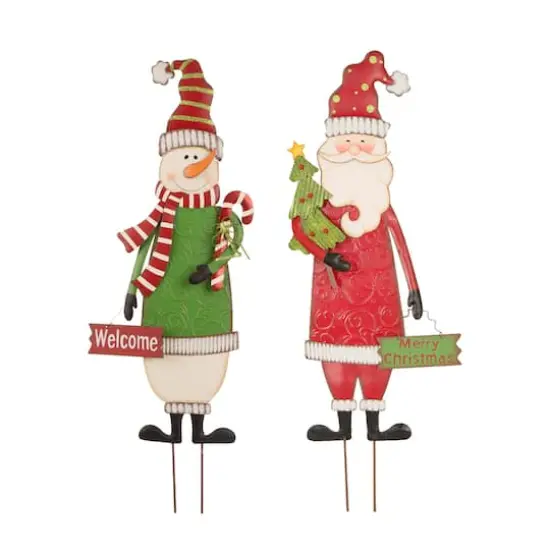 Glitzhome&reg; 3ft. Metal Snowman & Santa Yard Stake Set {1}