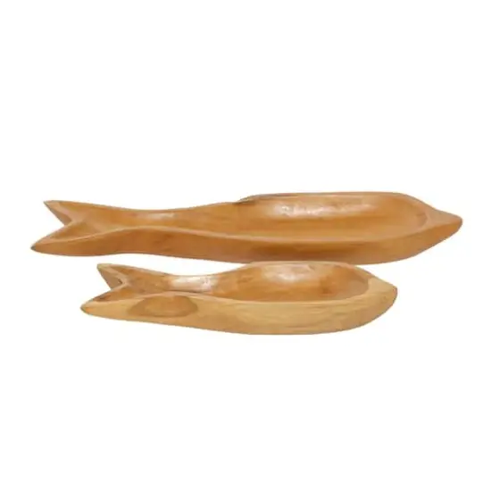 Brown Fish Teak Wood Coastal Style Tray Set {3}