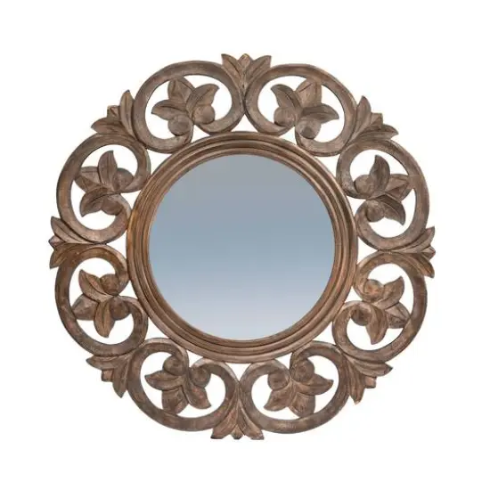 Hello Honey&reg; Walnut Round Carved Botanical Framed Wall Mirror {7}