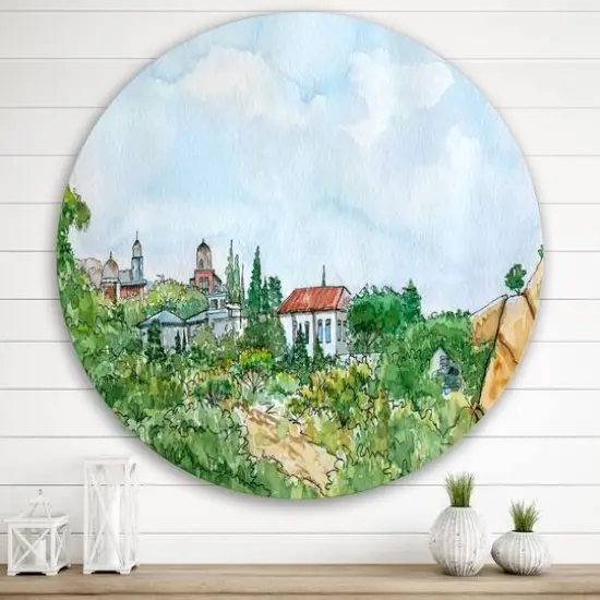 Designart - White House With Red Roof In The Countryside - Traditional Metal Circle Wall Art {3}