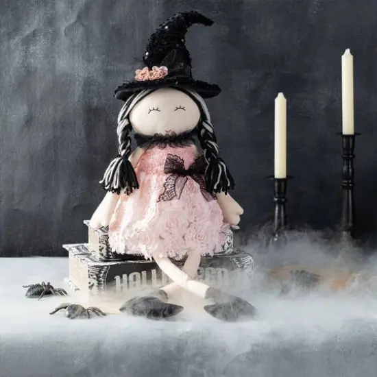 Glitzhome&reg; 29"H Halloween Pink Fabric Dressed Witch Sitter {4}