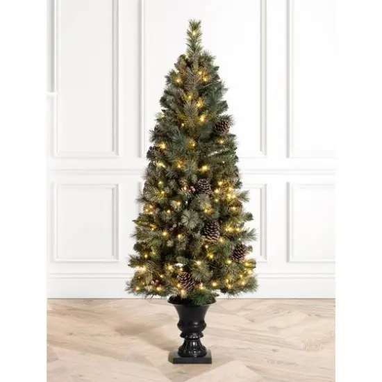5ft. Pre-Lit Flocked Pine Artificial Christmas Tree in Black Urn, Warm White Lights {4}