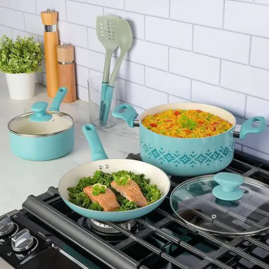 Spice by Tia Mowry Savory Saffron Light Blue 7 Piece Ceramic Nonstick Aluminum Cookware Set with Nylon Utensils {3}