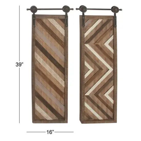 Set of 2 Brown Wood Farmhouse Abstract Wall Decor, 16" x 39" {9}