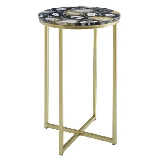Walker Edison 16" Faux Stone Round Glam Side Table Faux Black Agate/Gold {1}