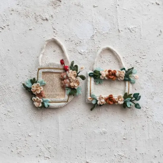 Hello Honey&reg; Handmade Wool Felt Photo Frame Ornament Set with Appliqued Flowers & Velcro {4}