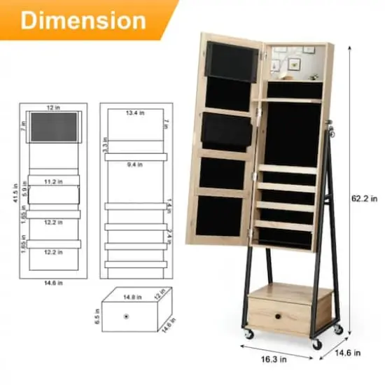 NEX&trade; 5ft. Yellow Jewelry Armoire on Casters with Chest Drawer {3}