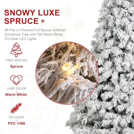 Glitzhome&reg; 9ft Pre-Lit Flocked Full Spruce Artificial Christmas Tree, Warm White LED Lights {7}