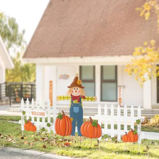 Glitzhome&reg; Fall Metal Scarecrow, Pumpkin & Fence Yard Stake Set {3}