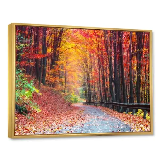 Designart - Road in Beautiful Autumn Forest - Modern Forest Framed Canvas Art Gold {1}