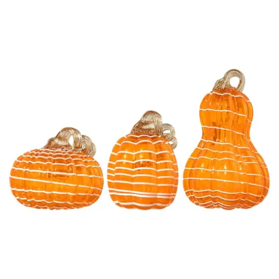 Glitzhome&reg; Orange and White Lines Glass Pumpkin & Gourd Set {1}