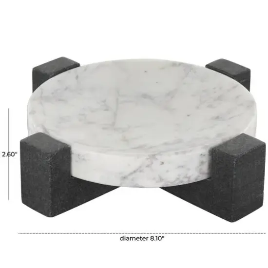 8.25" White Marble Round Tray with Black X-Shaped Base {8}