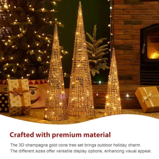 Glitzhome&reg; Lighted Christmas Champagne Gold Cone Tree Outdoor D&eacute;cor Set {8}