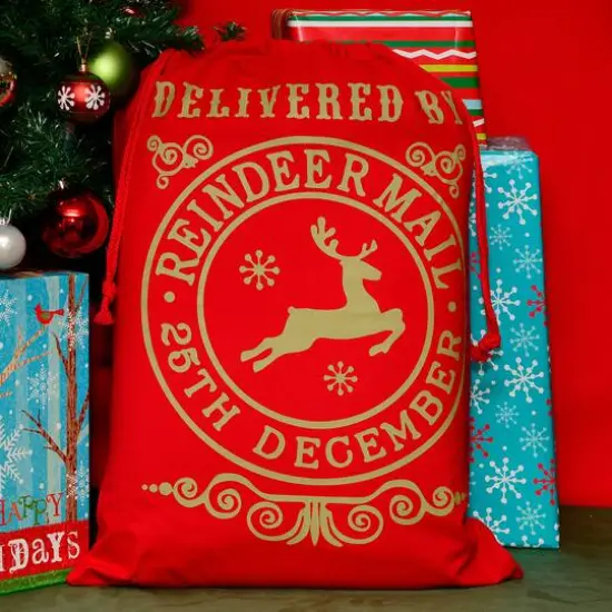 19" x 26" Delivered By Christmas Red Cotton Drawstring Bag {3}