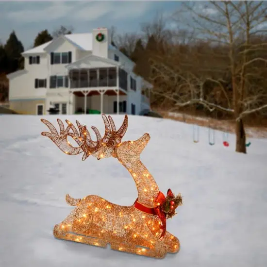 2.8ft. Sisal Splendor Champagne Lying Deer with 105 Mini Clear Lights {3}