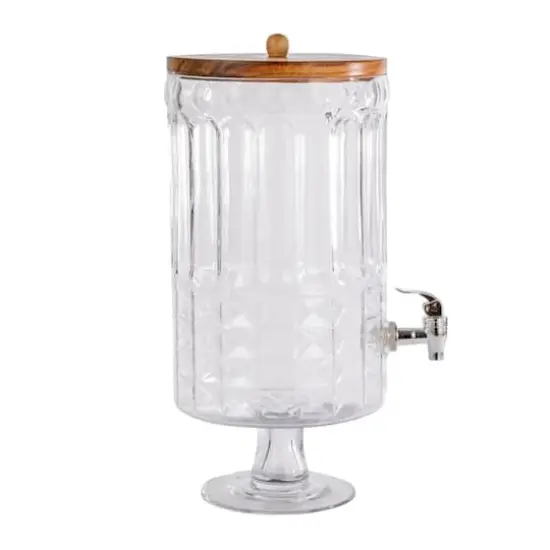 Hello Honey 8-Quart Cut Glass Beverage Dispenser with Plastic Spout and Acacia Wood Lid, Silver Color and Natural {10}