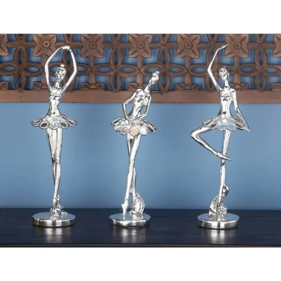 Set of 3 Silver Polystone Modern Dancer Sculpture, 14", 14", 12" {10}