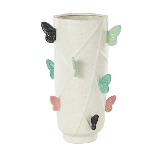 15.75" White Ceramic Butterfly Wide Decorative Vase with Multicolor Accents {7}