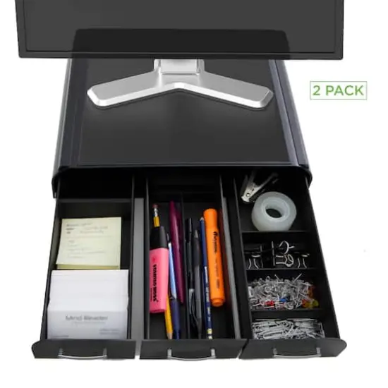 Mind Reader Black Monitor Stand & 3 Draw Desk Organizer Storage Set {5}