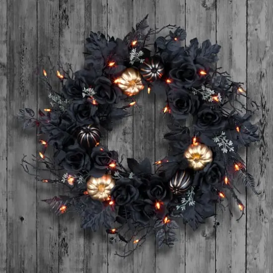 24" Chic Eek Black Flower & Pumpkin Halloween Pre-Lit LED Wreath {3}