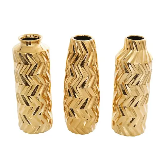 Gold Ceramic Dimensional Chevron Textured Vase with Varying Shapes Set {1}