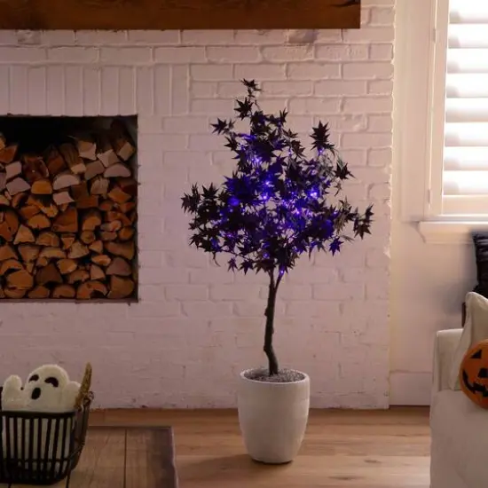 4ft. Pre-Lit Artificial Halloween Black Maple Tree with 180 Orange & Purple LED Lights {11}
