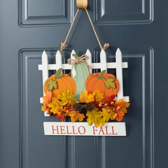 Glitzhome&reg; 14" Fall Wooden Patch with Floral Door Hanger {4}