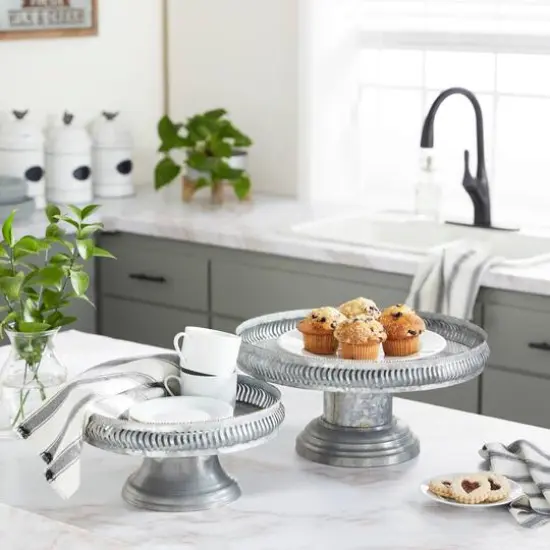 Set of 2 Grey Metal Farmhouse Cake Stand, 16", 12" {8}