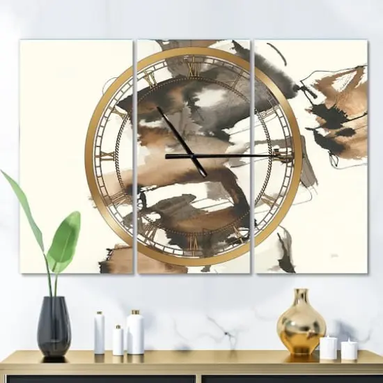 Designart Gold Glam Squares II Modern 3 Panel Wall Clock {3}